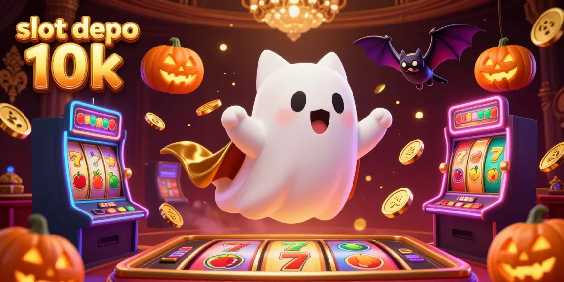 Play thrilling slot depo 10k with a friendly ghost cat in a lively casino scene full of vibrant elements.