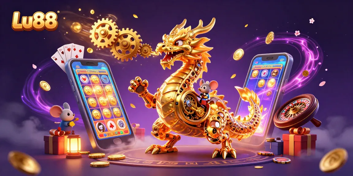Experience Lu88 with an energetic illustration of a golden dragon and vibrant gaming elements.