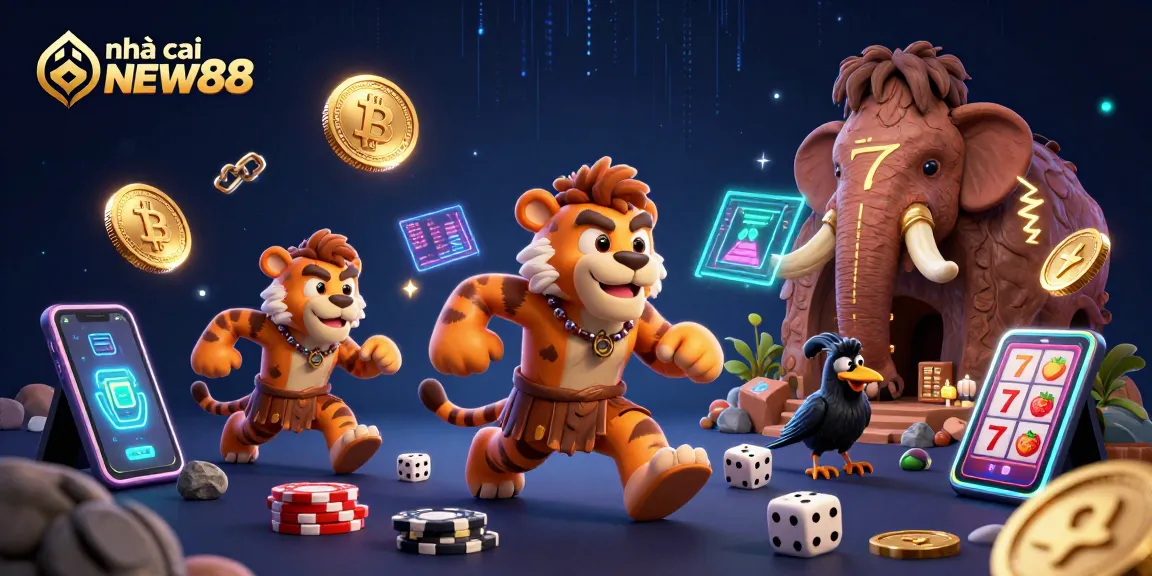 Engage with nhà cái NEW88 in a vibrant prehistoric casino scene featuring unique 3D characters and crypto elements.
