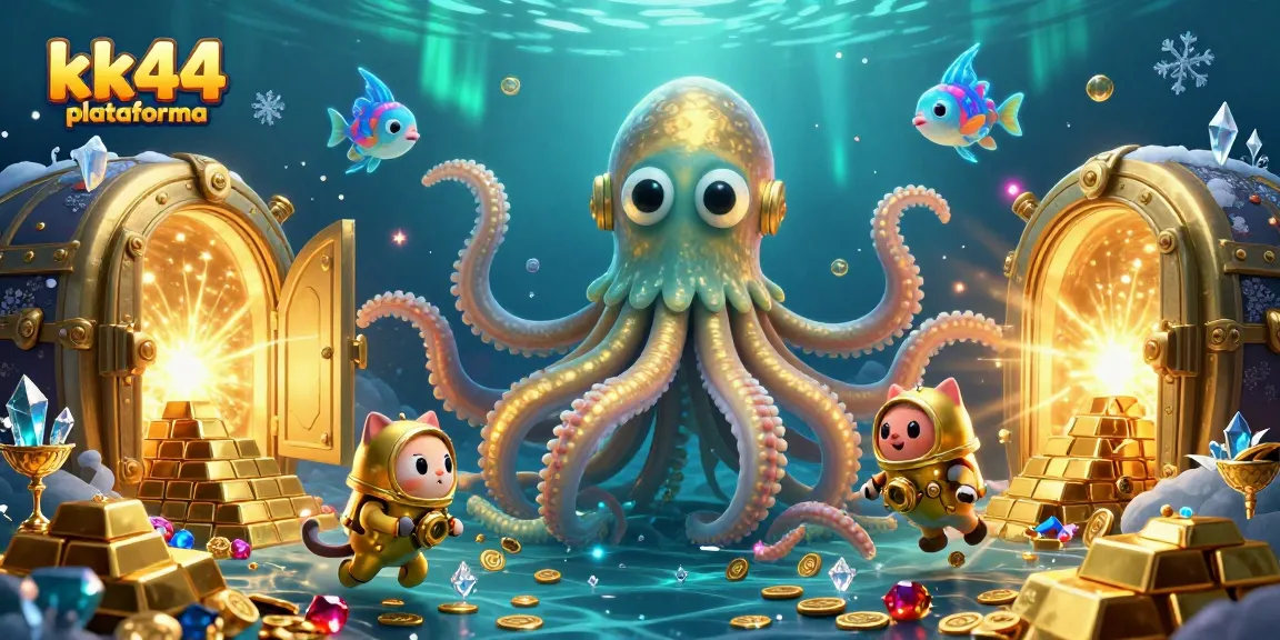Experimente a emocionante kk44 plataforma com um kraken dourado e um gato mergulhador em um cenário cativante.