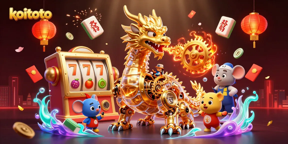 Engage with koitoto's dynamic casino scene featuring a golden dragon and thrilling slot elements.