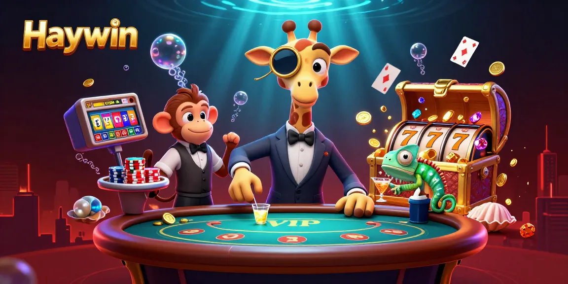 Haywin casino scene featuring a high-roller giraffe and monkey valet at a vibrant poker table.