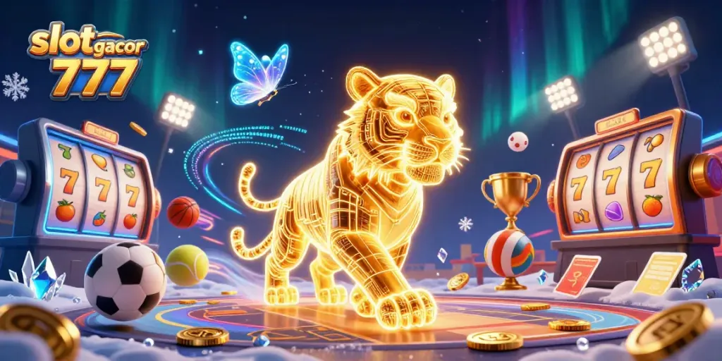 Slot gacor 777 menampilkan harimau emas neon dalam kasino digital dengan simbol buah dan jackpot.
