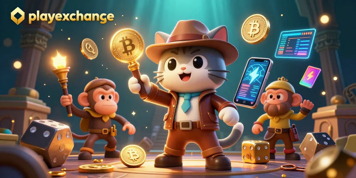 Engage in playexchange with vibrant 3D casino artifacts and cryptocurrencies in an adventurous scene.