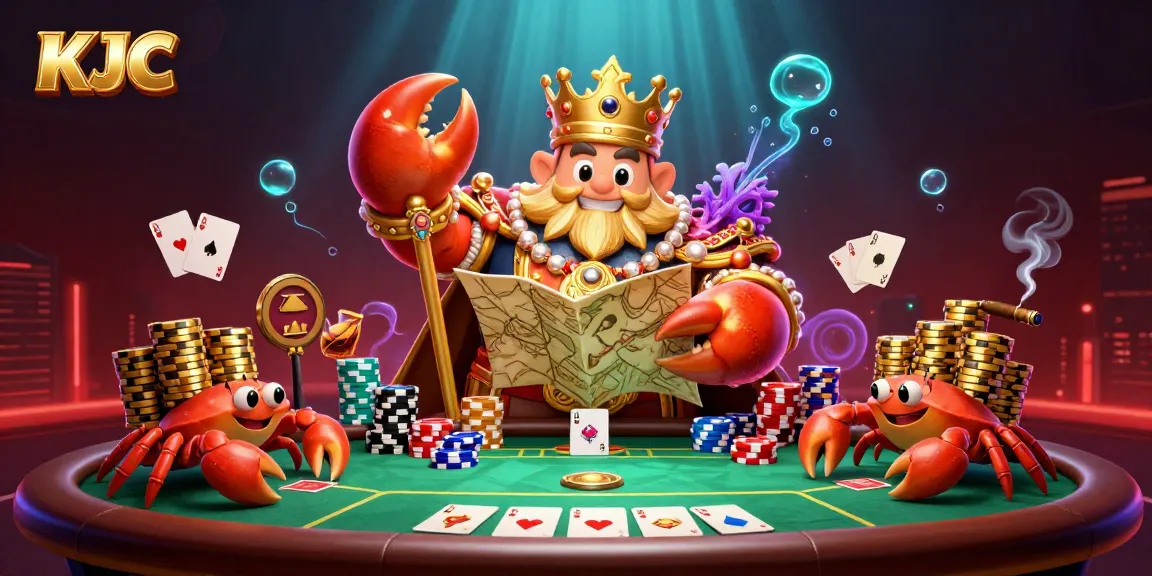 KJC's golden crab emperor leading an extraordinary poker scene with lavish treasures and rich game elements.