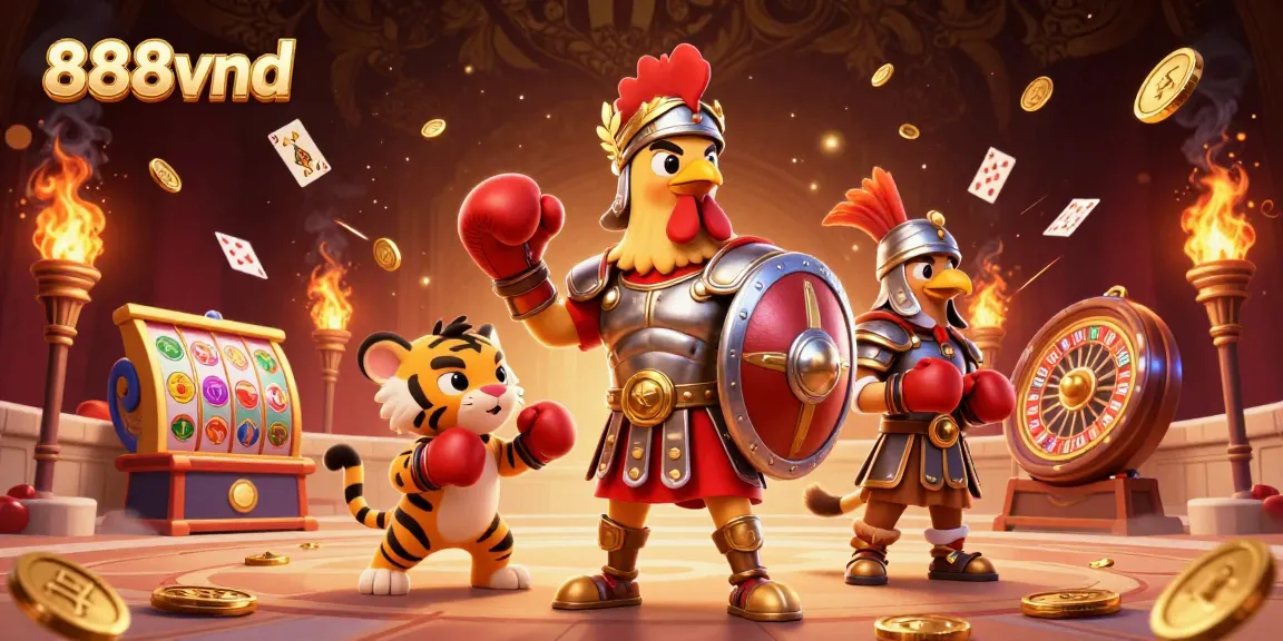 Engage with 888vnd through vibrant casino action featuring a 3D gladiator rooster amidst dynamic slot games.