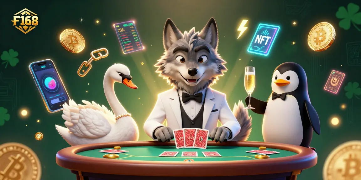 Engage with F168 casino magic featuring a wolf, swan, and penguin amid vibrant crypto elements.
