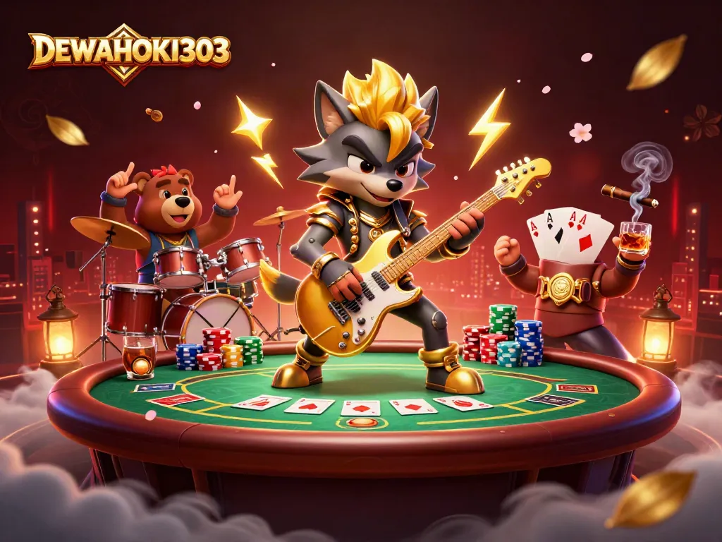 Permainan kasino seru di DEWAHOKI303 dengan karakter rockstar seru dan elemen poker yang menarik.