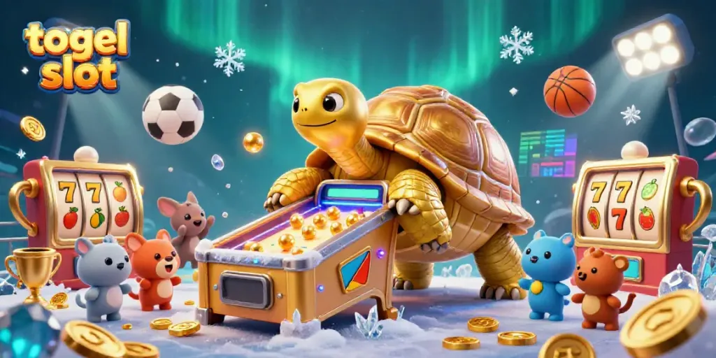 Permainan togel slot dengan kura-kura emas mewah dan bola-bola kecil yang melompat.