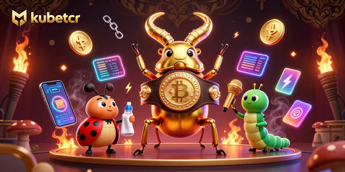 Engage in thrilling casino action with kubetcr featuring a vibrant 3D illustration of a boxing beetle and crypto symbols.