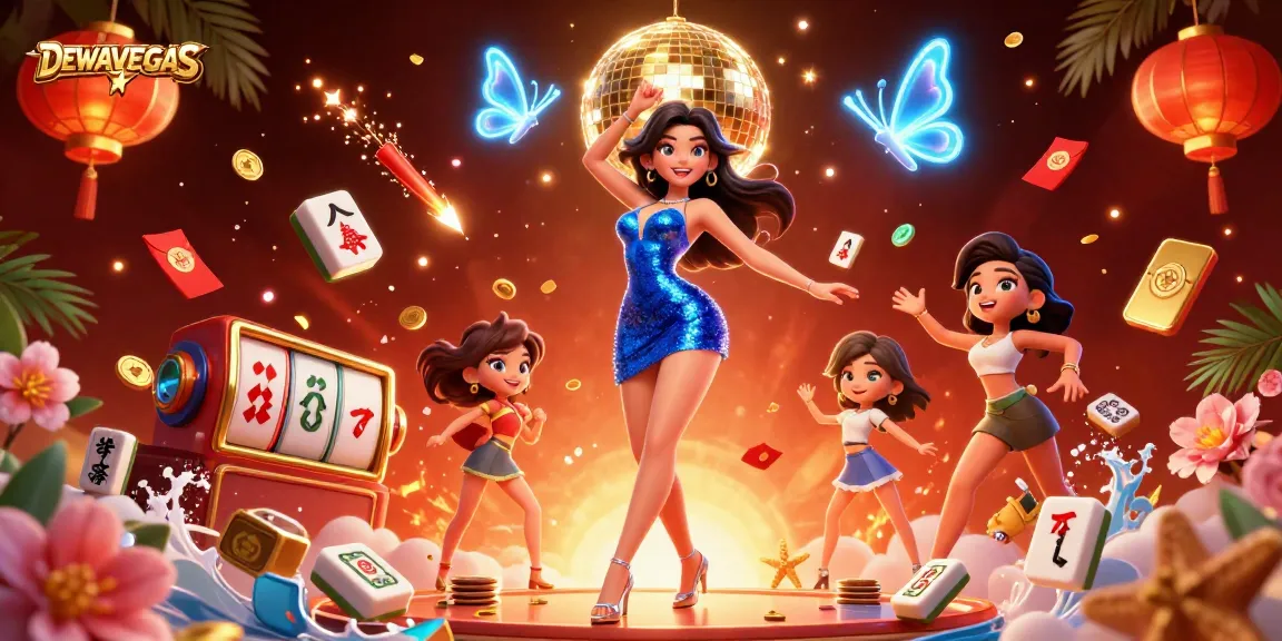 Experience the vibrant DEWAVEGAS casino scene with dynamic characters, slot reels, and dazzling elements.