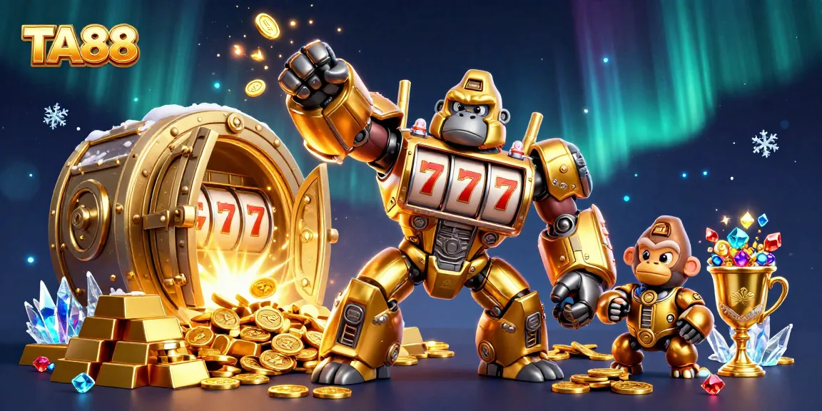Experience TA88's thrilling slot action with an explosive golden gorilla mech and vibrant treasures.