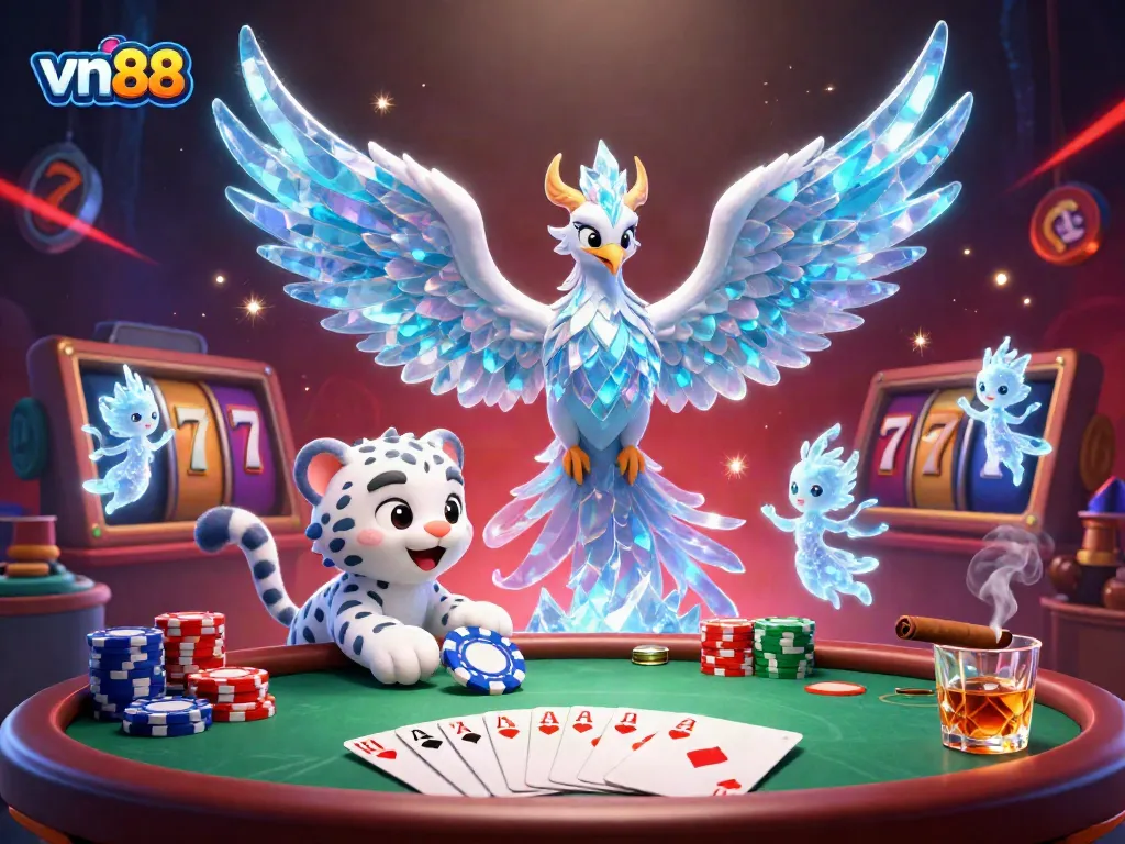 Engage with the vn88 brand at an extravagant casino featuring colorful slots, poker elements, and a vibrant phoenix.