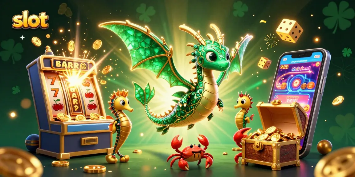 Menangkan jackpot di slot dengan ilustrasi naga laut berharga, simbol beruntung, dan suasana permainan yang meriah.