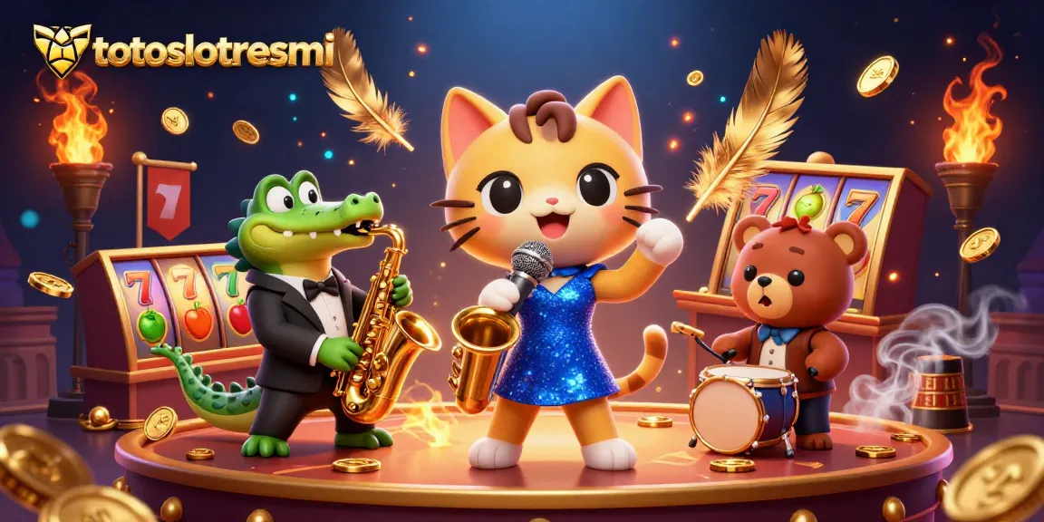 Experience thrilling gameplay with totoslotresmi's vibrant casino-themed cartoon scene showcasing jazz, prizes, and excitement.