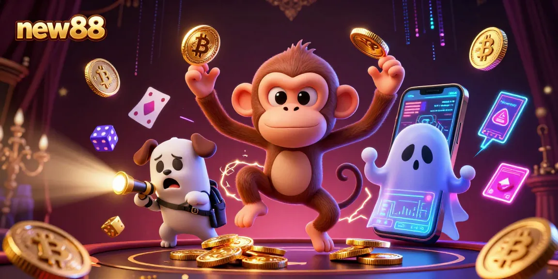 Experience high-stakes gaming at new88, with a playful ghost and golden casino treasures.
