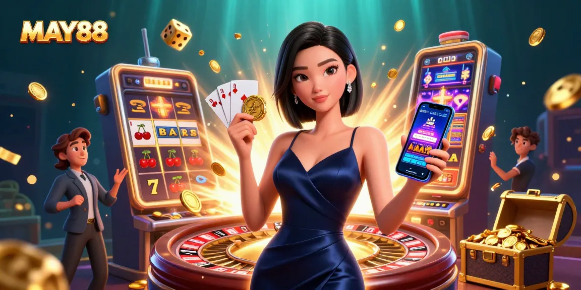 MAY88 engages players with a vibrant casino adventure featuring dynamic games, golden chips, and an exciting atmosphere.