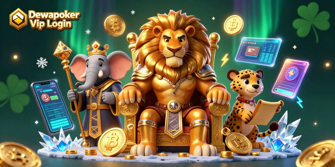 Dewapoker Vip Login showcases a vibrant online casino scene with dynamic 3D characters and crypto elements.