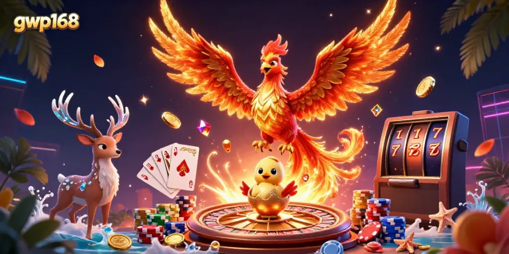 Menangkan permainan slot di gwp168 dengan ilustrasi luar biasa phoenix dan hadiah emas.