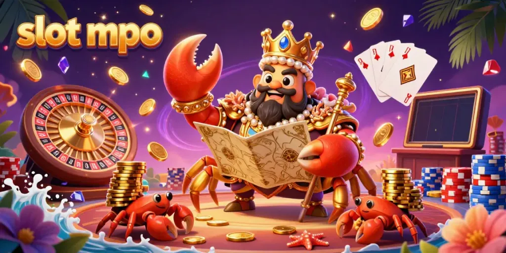 Experience the thrill of slot mpo with an illustrated scene of a golden crab emperor in the casino.