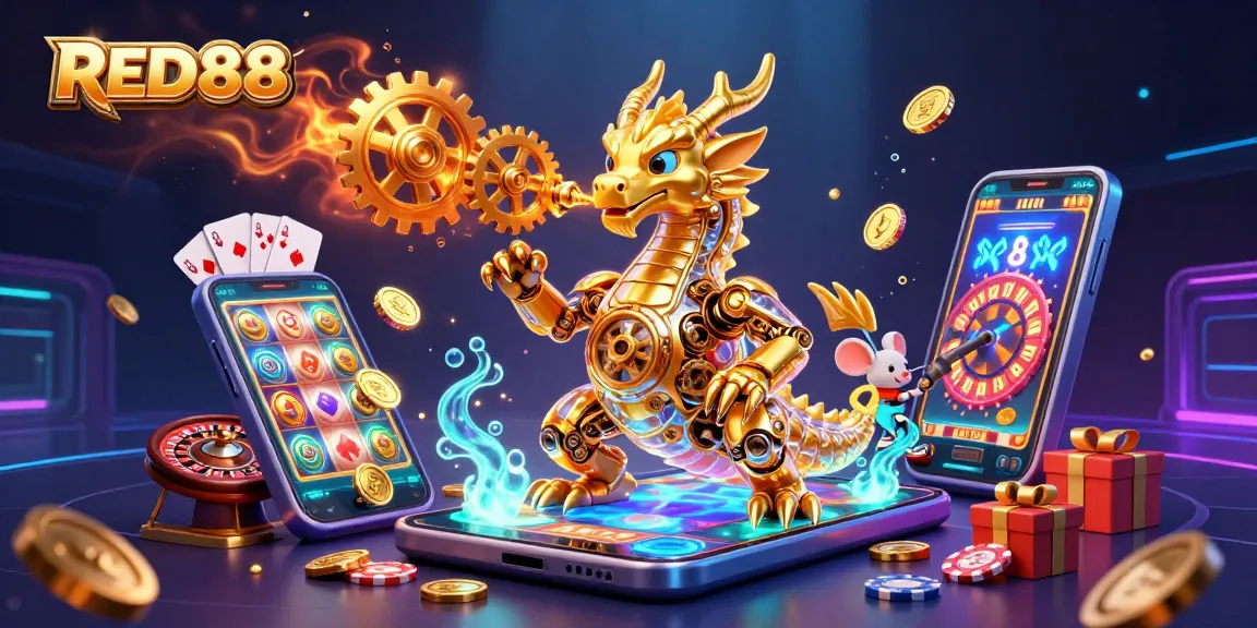 Win big at RED88 with an energetic scene of a mechanical dragon, slot games, and vibrant casino elements
