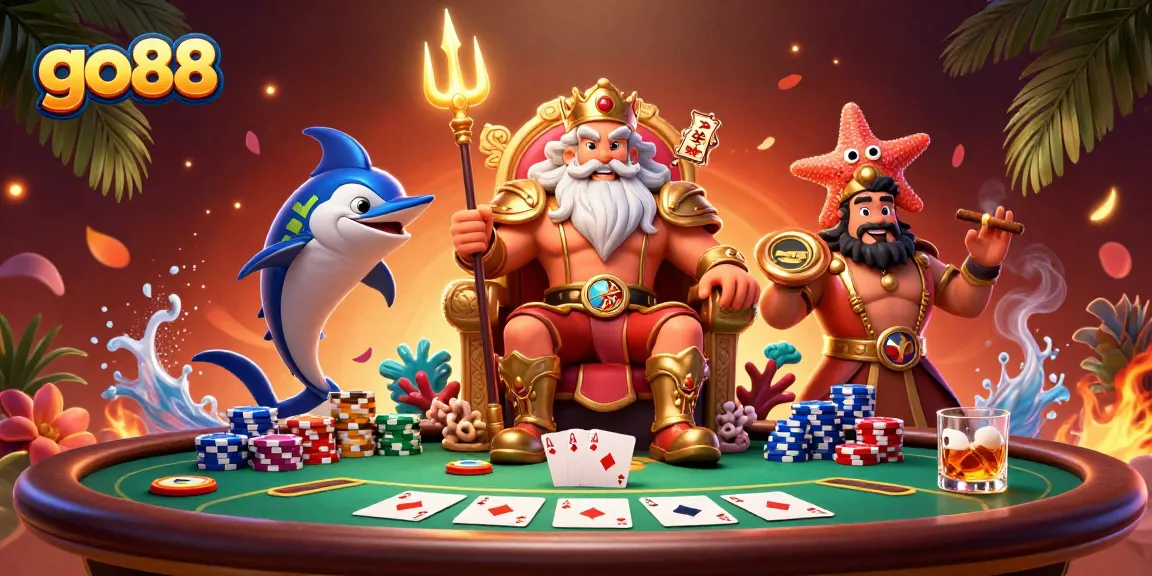 Engage in exhilarating go88 games with vibrant scenery, poker chips, and captivating characters.