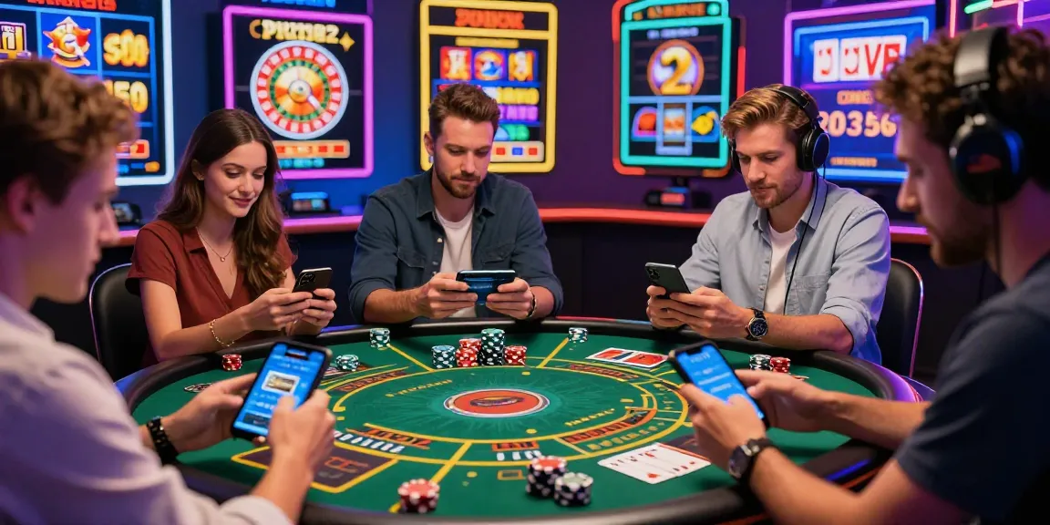 Players enjoying various games at credit card casinos with neon-lit backgrounds and digital devices.