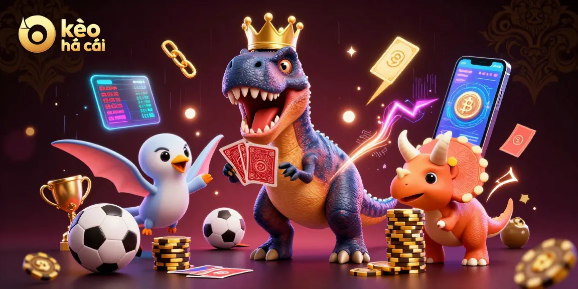 Engage with kèo nhà cái as a T-Rex and helpers shuffle cards amidst sports betting action.
