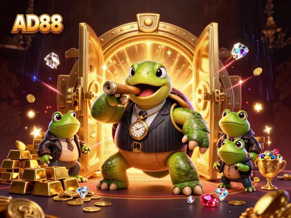 Experience AD88's thrilling casino atmosphere with a cartoon turtle mobster and bullfrogs, surrounded by gold treasures.