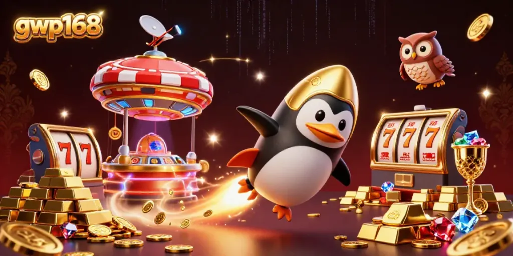 Gwp168 merayakan keberuntungan dengan karakter penguin emas, slot, dan harta karun cemerlang.