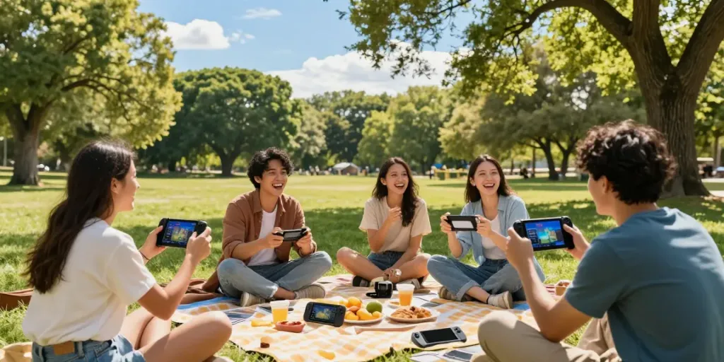 Pengalaman bermain dengan hokkaidoryoma.com di taman yang cerah, teman-teman menikmati permainan multiplayer.