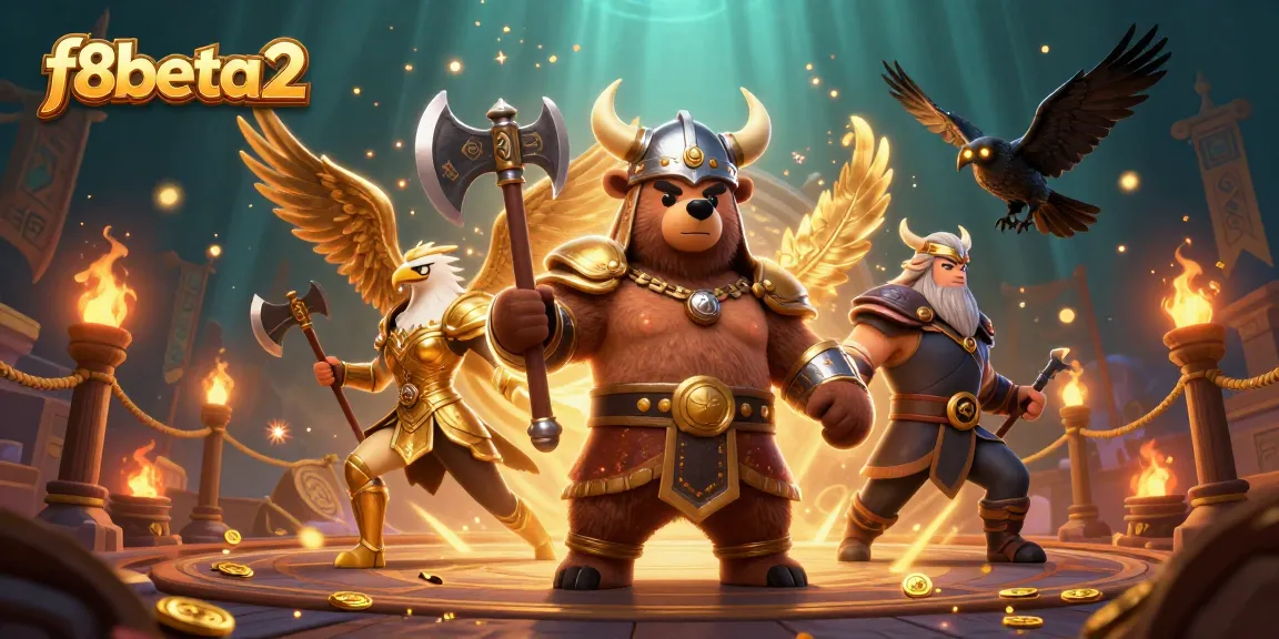 Experience the excitement of f8beta2 with a Viking berserker, Valkyrie eagle, and glowing ravens in a dynamic casino backdrop.