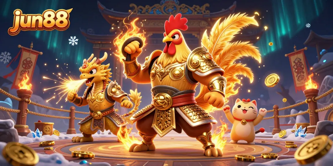 Experience the excitement of jun88 with a vibrant scene featuring a warrior rooster and a dragon in a dynamic casino atmosphere.