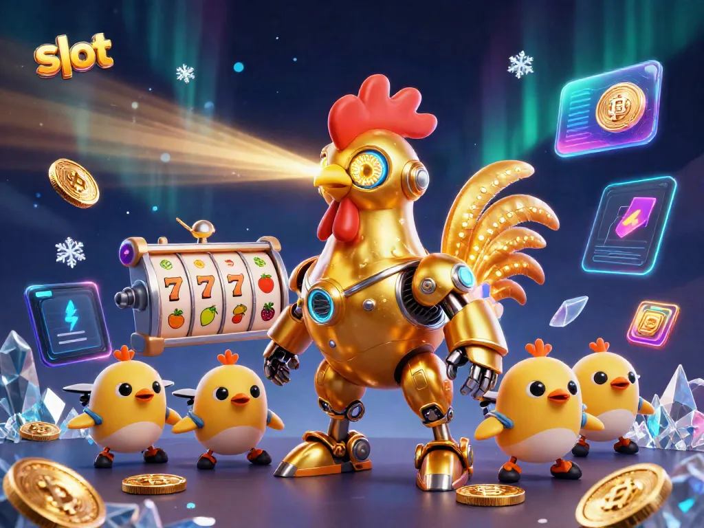 Robot ayam bermain slot dengan koin cryptocurrency mengelilinginya di kasino virtual.