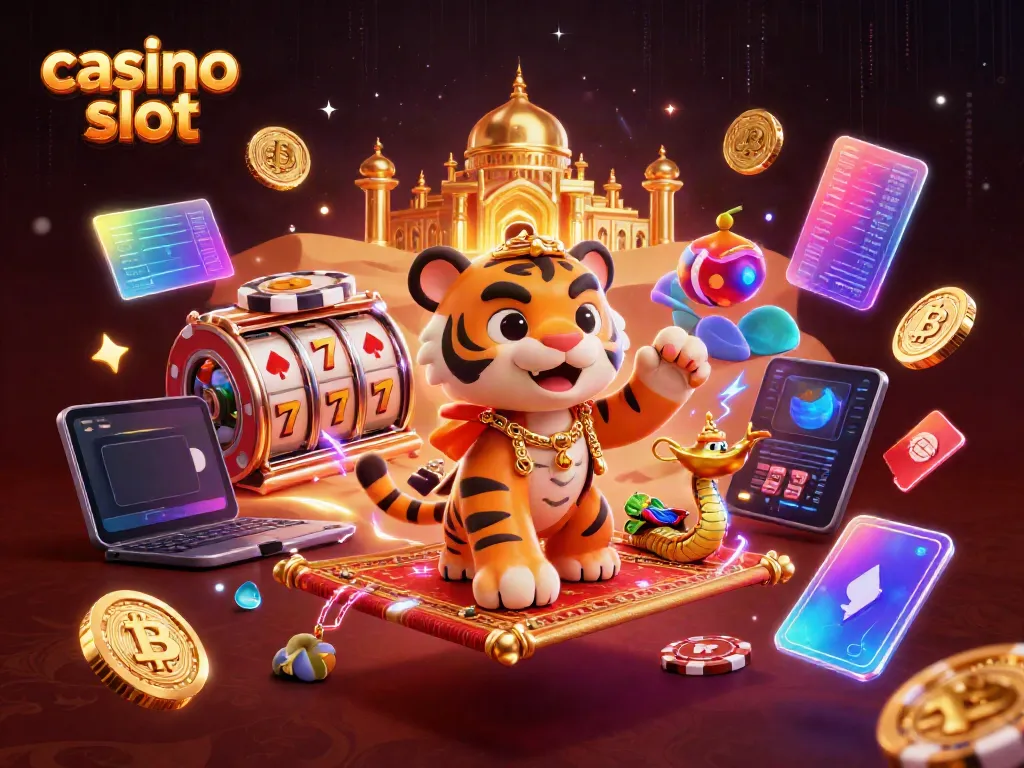 Spin the casino slot reels with an Arabian Nights-themed tiger sultan in a vibrant 3D illustration.