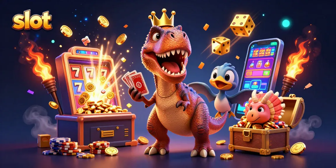 Slot gacor yang menarik dari Dewa123 dengan berbagai karakter dinosaur yang mengocok kartu dan tumpukan chip emas.