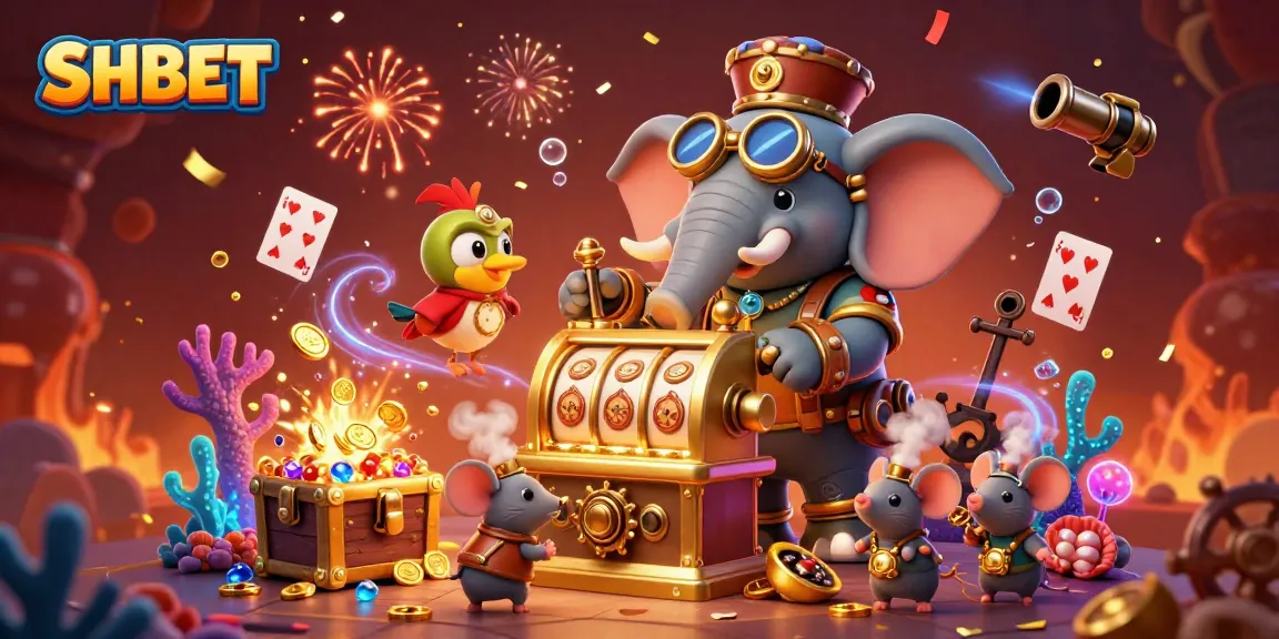 Engage with SHBET's vibrant gaming experience featuring a steampunk elephant and dazzling casino elements.