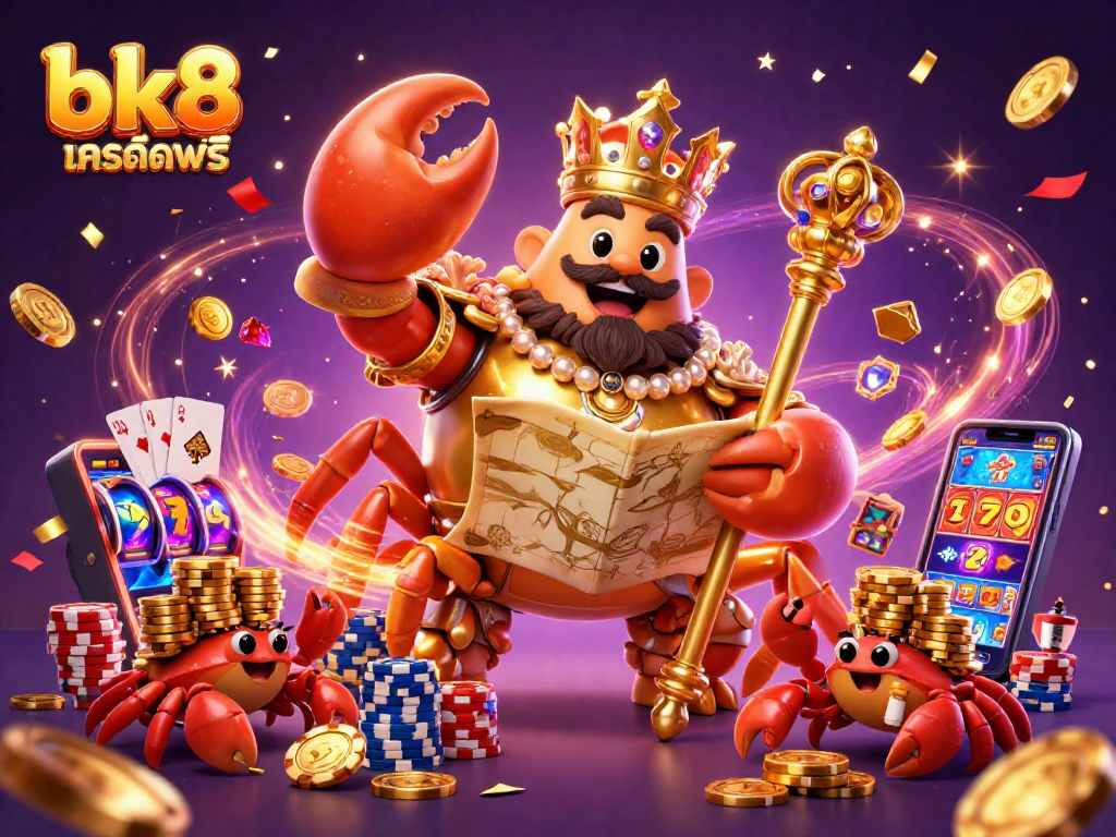 Win big with bk8 เครดิตฟรี in an exciting casino scene featuring a golden crab emperor and treasure.