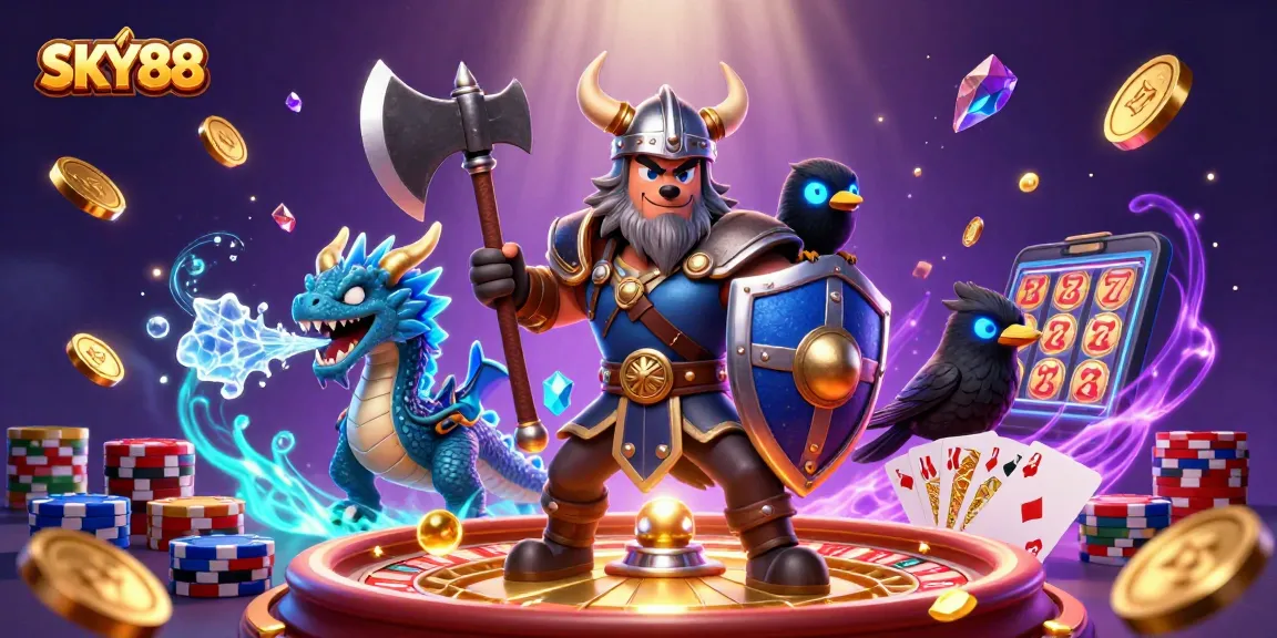 Engage with thrilling slots and gaming action at SKY88, featuring a Viking warrior and dragon.