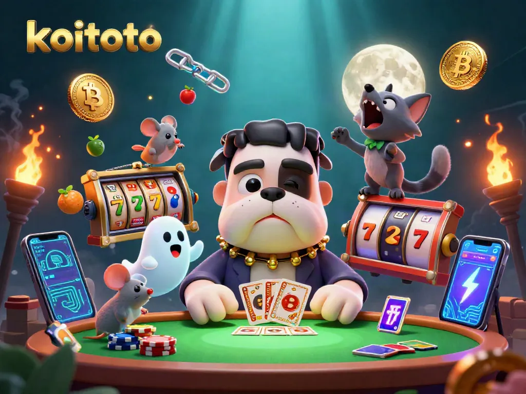 Koitoto menghadirkan ilustrasi kasino 3D dengan monster Frankenstein dan berbagai elemen slot untuk pemain.