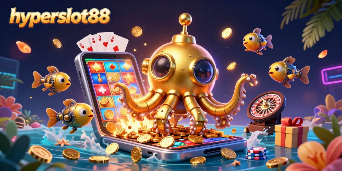 Engage with hyperslot88's vibrant slot games amidst a dynamic 3D scene of gold and excitement.