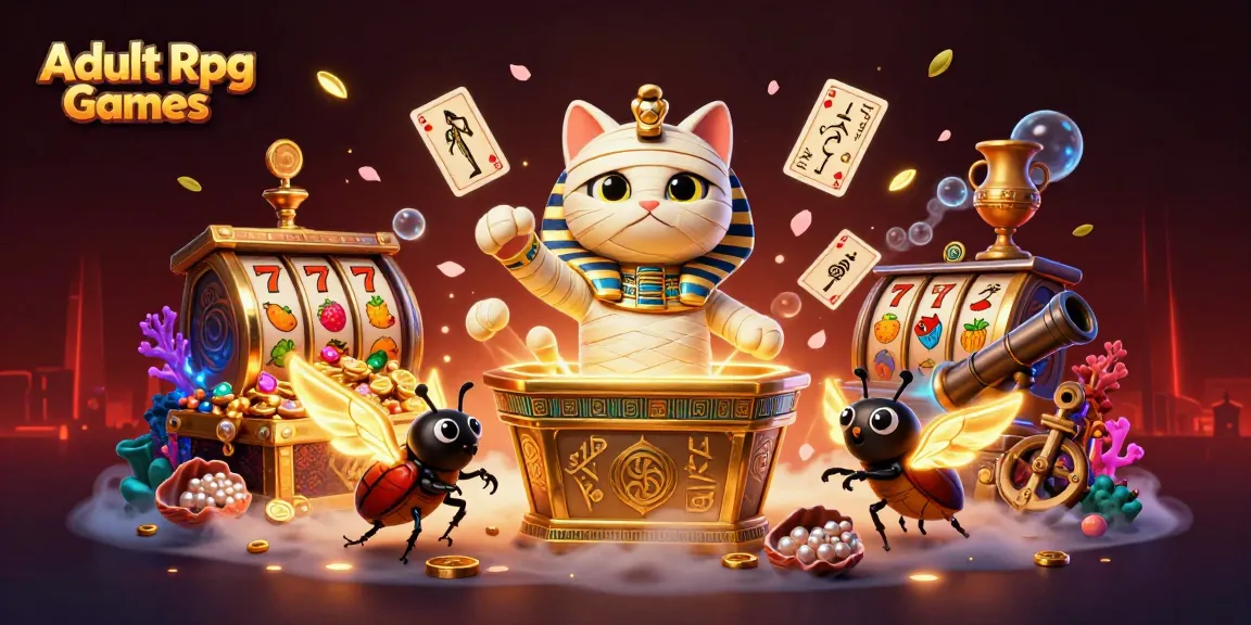 Engage with Adult Rpg Games through a vibrant 3D casino scene featuring a mummy cat and glowing scarab in a rich, dynamic layout.