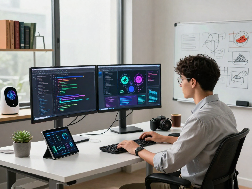 Creative workspace highlighting spicy ai development with coding screens, coffee, and modern tech decor.