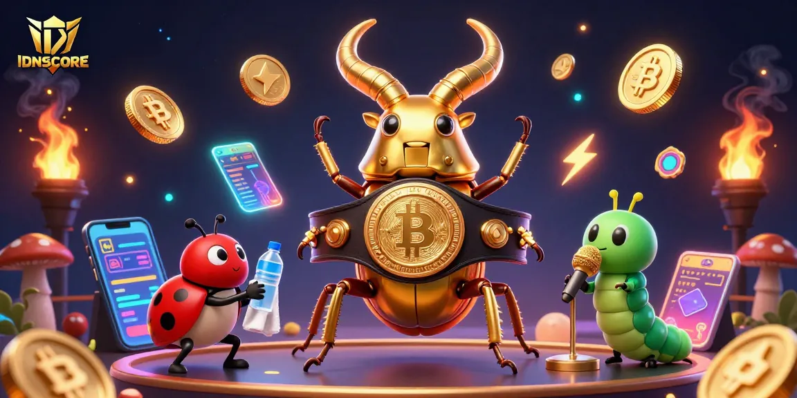 IDNSCORE gaming scene with a golden stag beetle, showcasing thrilling betting elements and cryptocurrency.