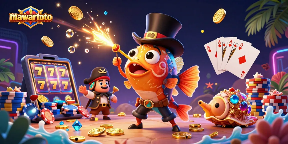 Mawartoto attracts players with vibrant casino action featuring a playful fish, treasure snail, and a shrimp in a rich illustration.