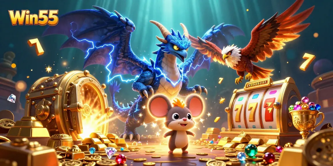 Win55 offers an electrifying experience with a dynamic casino scene featuring a powerful dragon, hawk, and thrilling slot elements.