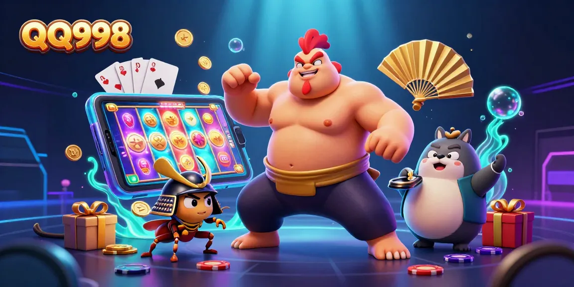 Immerse in QQ998's exhilarating world, where a rooster sumo wrestler dominates a vibrant casino scene!