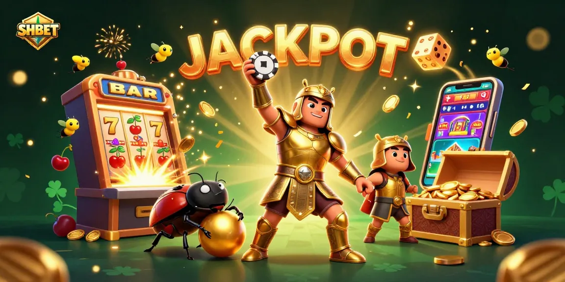 Experience the thrill of SHBET with stunning jackpot illustrations featuring a hero beetle and winning symbols.