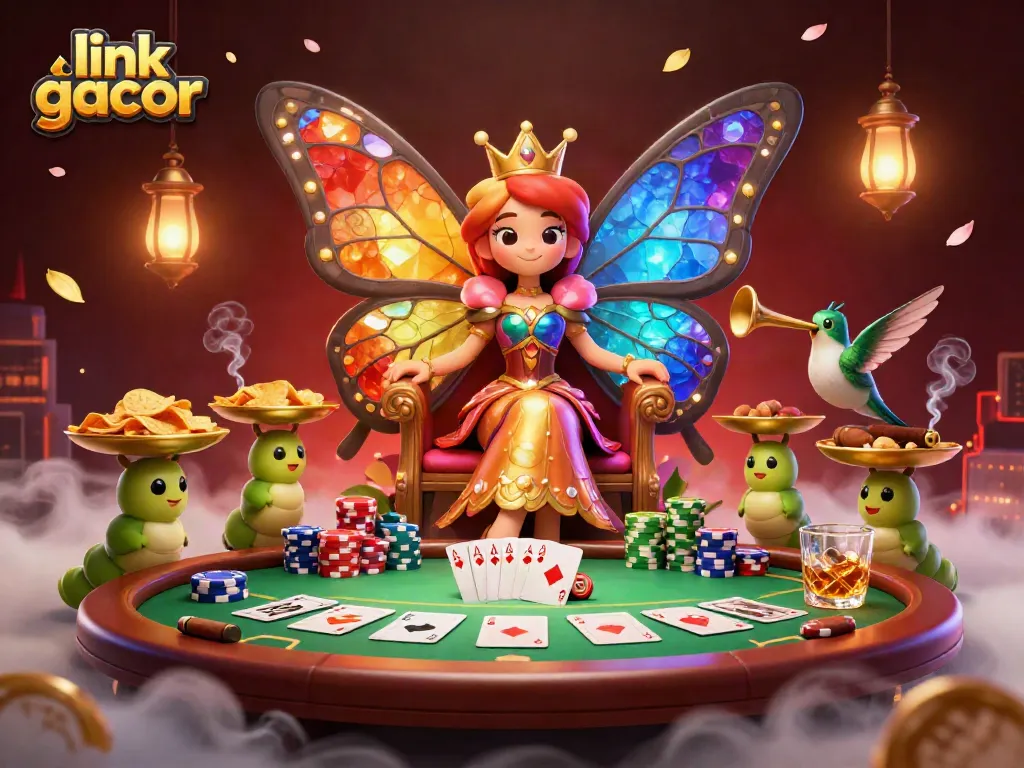 Enjoy thrilling wins with link gacor at a vibrant 3D casino scene filled with colorful chips and royal aces.