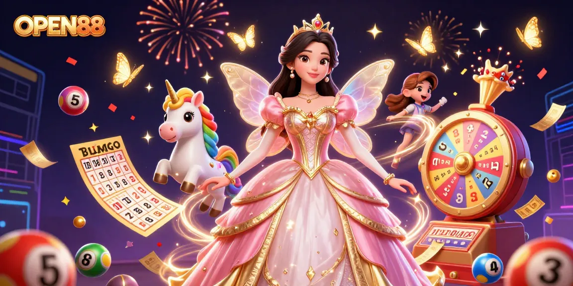 Play exciting casino games with OPEN88 in a vibrant, celebratory 3D illustration filled with lots of engaging elements.